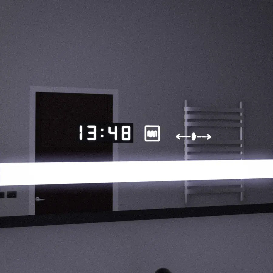 Oglinda LED Senzor MotionGlow 120x80 cm Lumina Rece/Calda/Neutra Dimabila Sistem Dezaburire Termometru Ceas si Lupa Cosmetica Rama Negru Periat