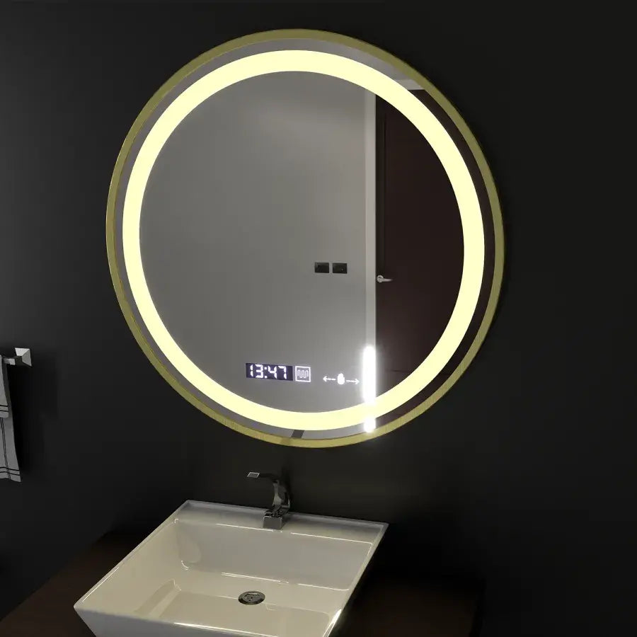 Oglinda LED Rotunda 70 – Celeste Royale Gold MotionGlow Marcello, Sistem Dezaburire, Termometru & Ceas, Dimabila