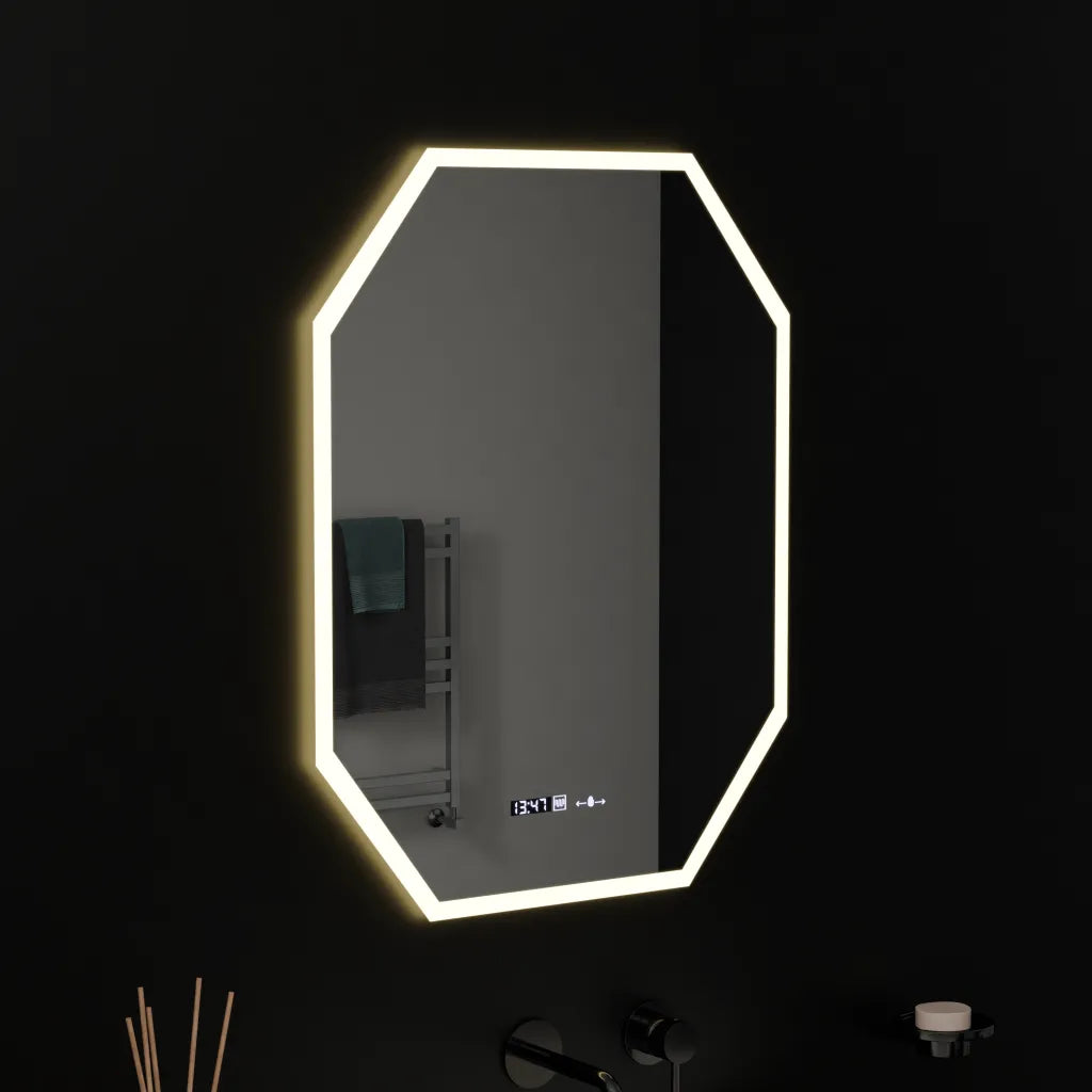 Oglinda LED Senzor MotionGlow Hexaluce cu functie Dezaburire Termometru Ceas 60x80 cm Lumina Rece/Calda/Neutra Dimabila, colectia Marcello Funghi