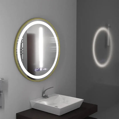 Oglinda LED Rotunda 70 – Celeste Royale Gold MotionGlow Marcello, Sistem Dezaburire, Termometru & Ceas, Dimabila