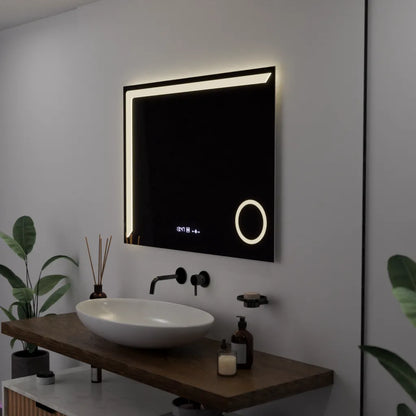 Oglinda LED Senzor MotionGlow Maksime, cu functie Dezaburire Termometru Ceas si lupa Cosmetica, 80x60 cm Lumina Rece/Calda/Neutra Dimabila, colectia Marcello Funghi