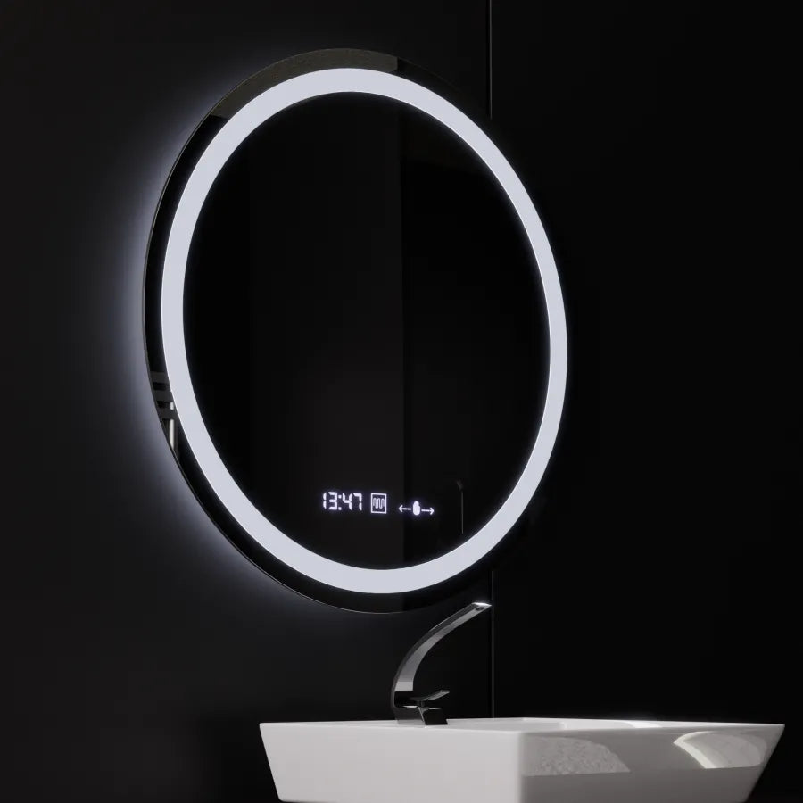 Oglinda LED Senzor MotionGlow Tutumi Sistem Dezaburire Termometru si Ceas Rotunda Diametru 80 cm Lumina Rece/Calda/Neutra Dimabila Colectia Marcello Funghi