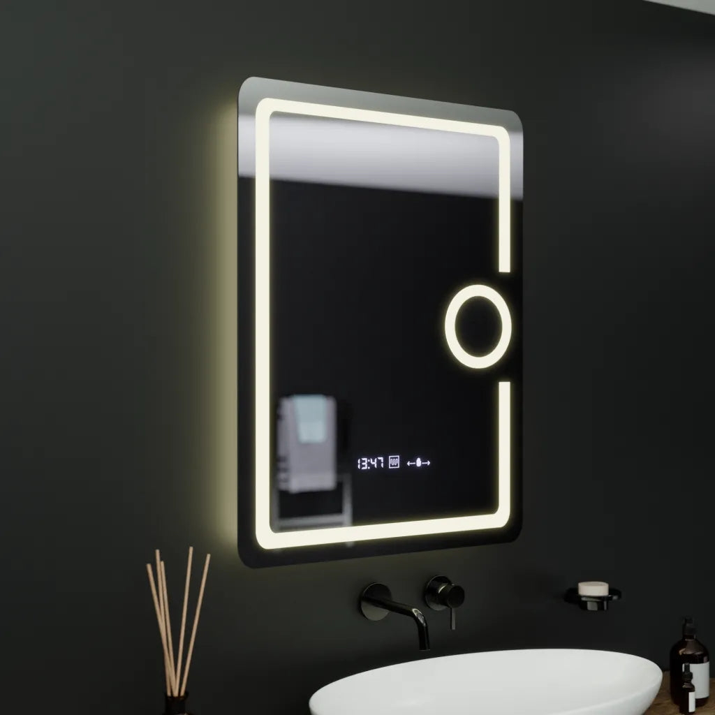 Oglinda LED Senzor MotionGlow Fortuna, cu functie Dezaburire Termometru Ceas si lupa Cosmetica, 60x80 cm Lumina Rece/Calda/Neutra Dimabila, colectia Marcello Funghi