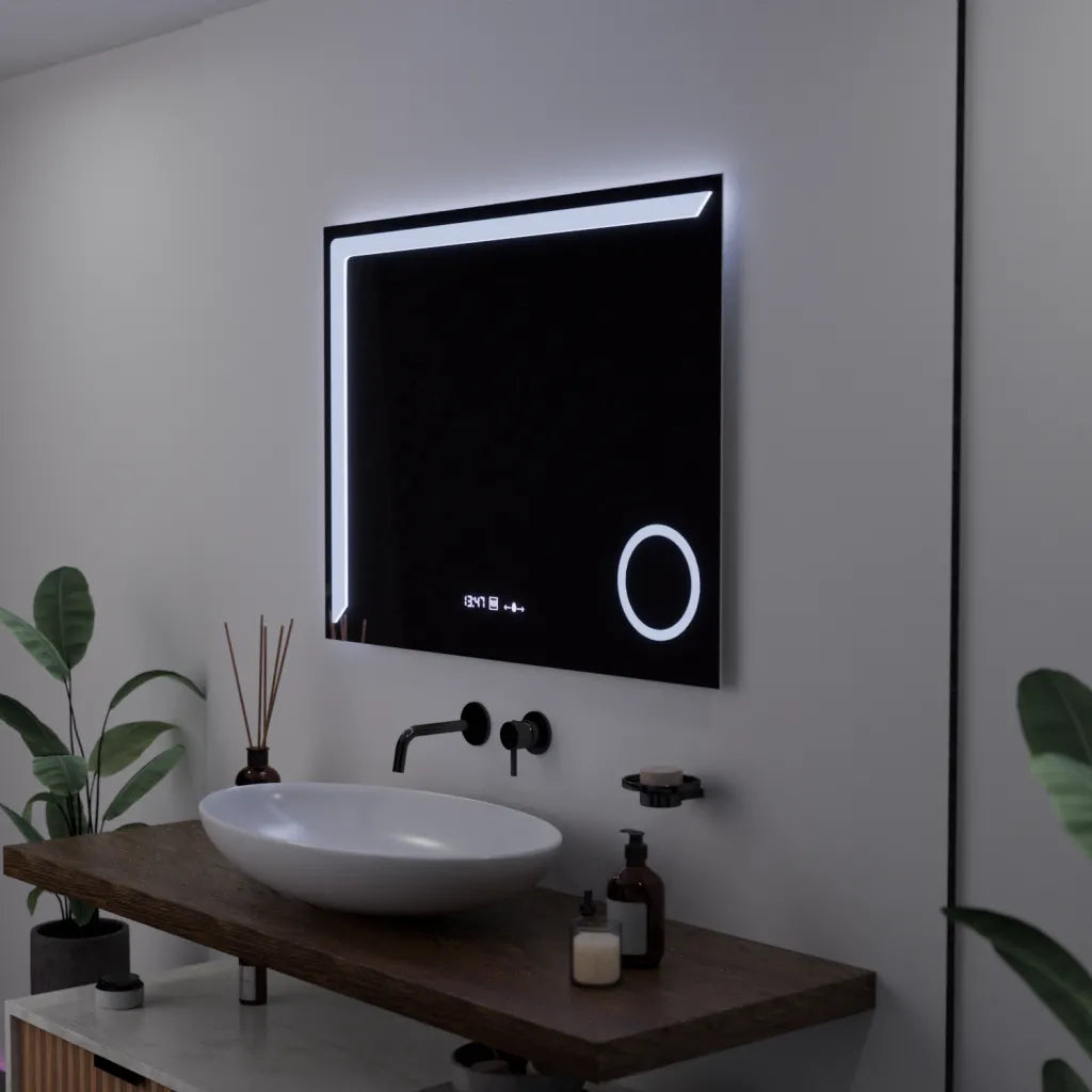 Oglinda LED Senzor MotionGlow Maksime, cu functie Dezaburire Termometru Ceas si lupa Cosmetica, 80x60 cm Lumina Rece/Calda/Neutra Dimabila, colectia Marcello Funghi