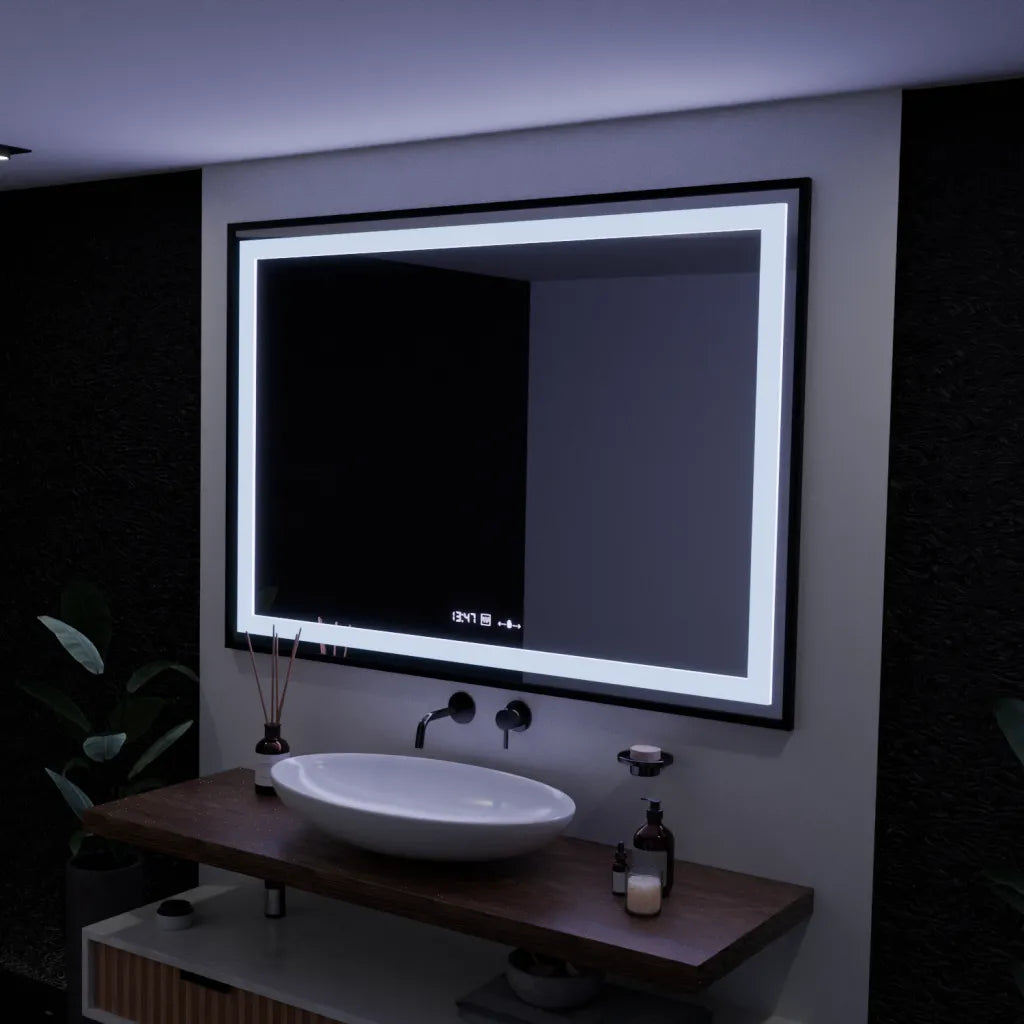 Oglinda LED Rectangulara 100x70 – Vérité Majesté Noir Motion Glow Marcello, Sistem Dezaburire, Termometru & Ceas, Dimabila