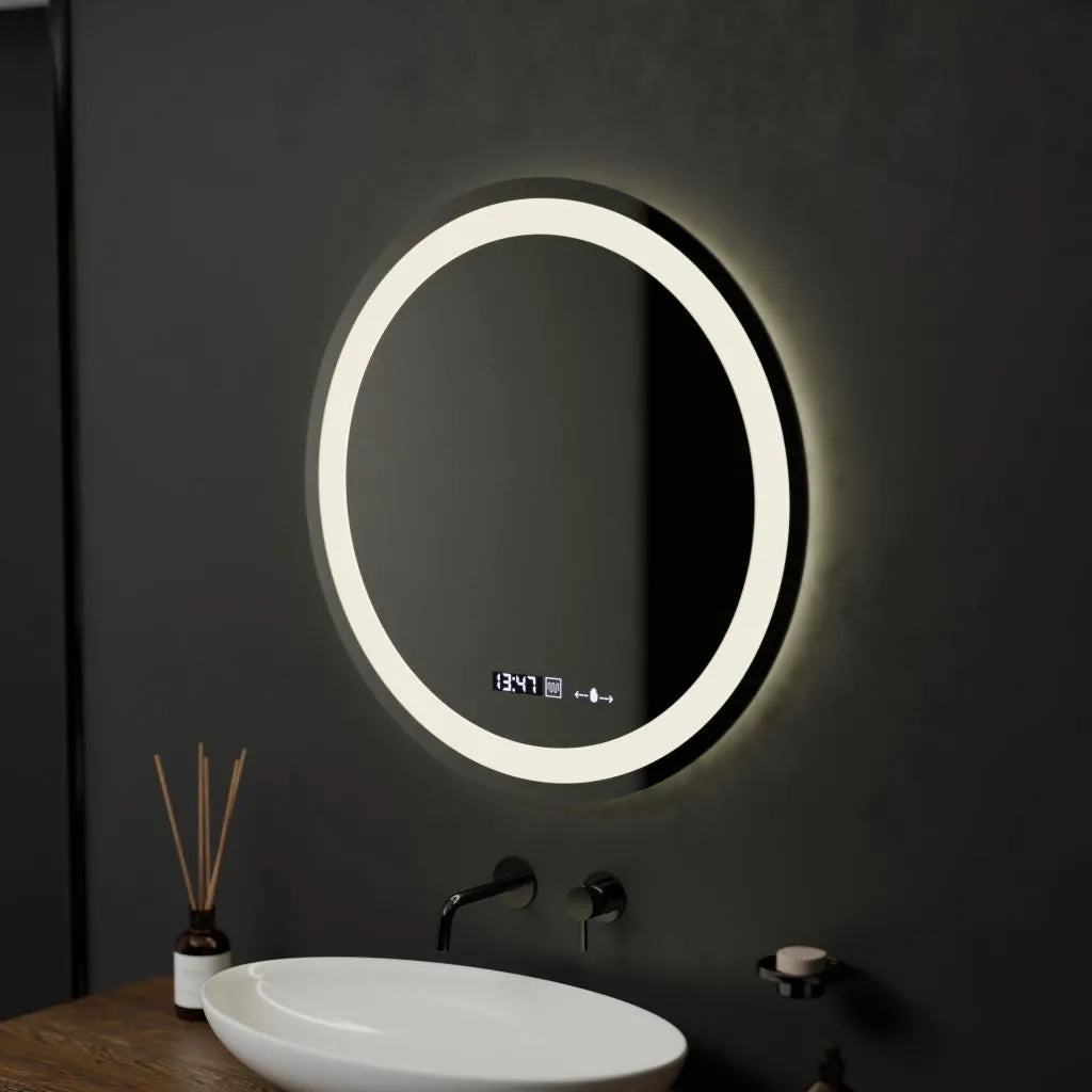 Oglinda LED Rotunda 60 – Celeste MotionGlow Marcello, Sistem Dezaburire, Termometru & Ceas, Dimabila