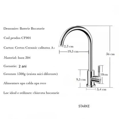 Baterie Bucatarie Monocomanda Pipa Pivotanta Cartus Ceramic Inox Satinat Racorduri Kit Fixare Incluse CF001