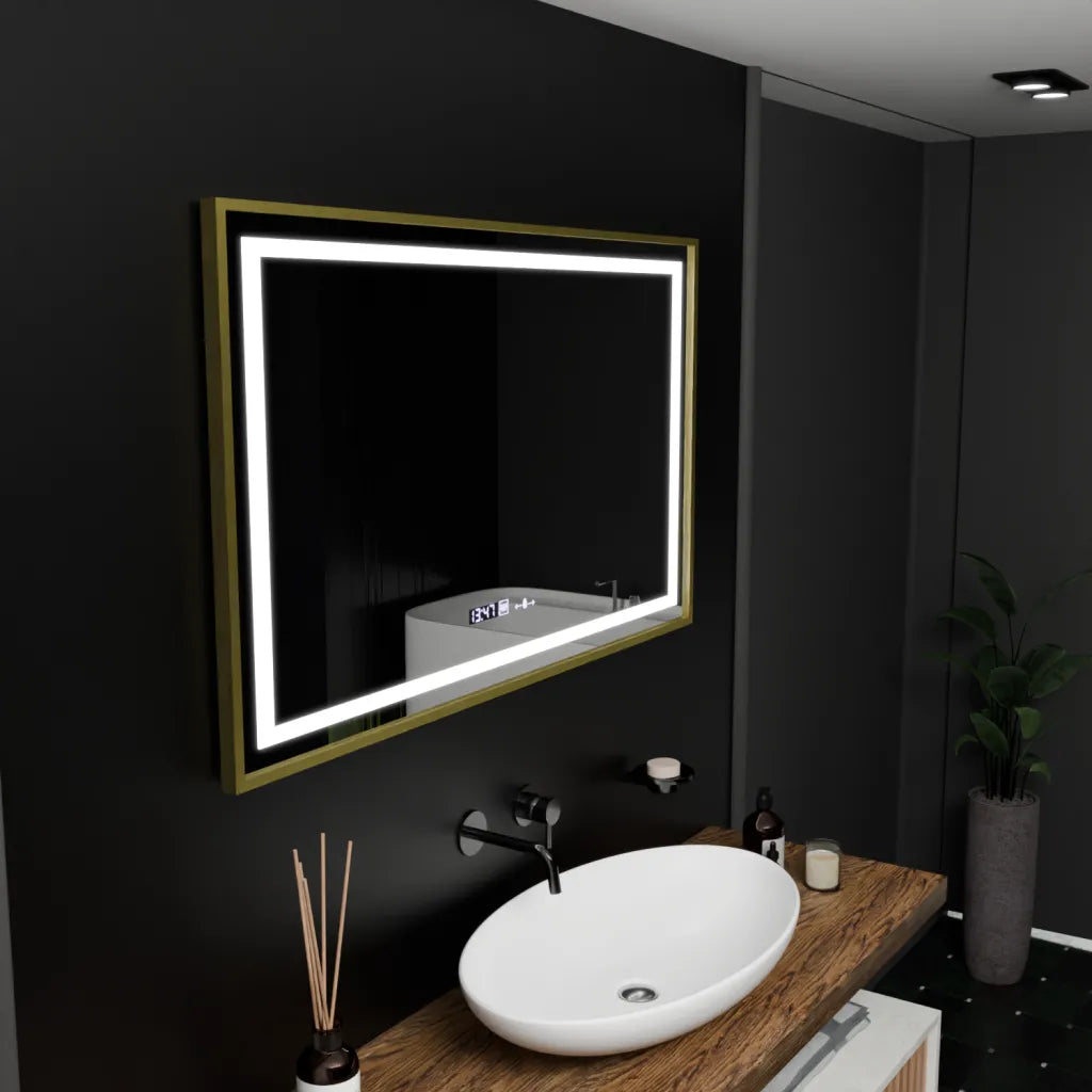 Oglinda LED Rectangulara 100x80 – Lumière Royale Gold Motion Glow Marcello, Sistem Dezaburire, Termometru & Ceas, Dimabila