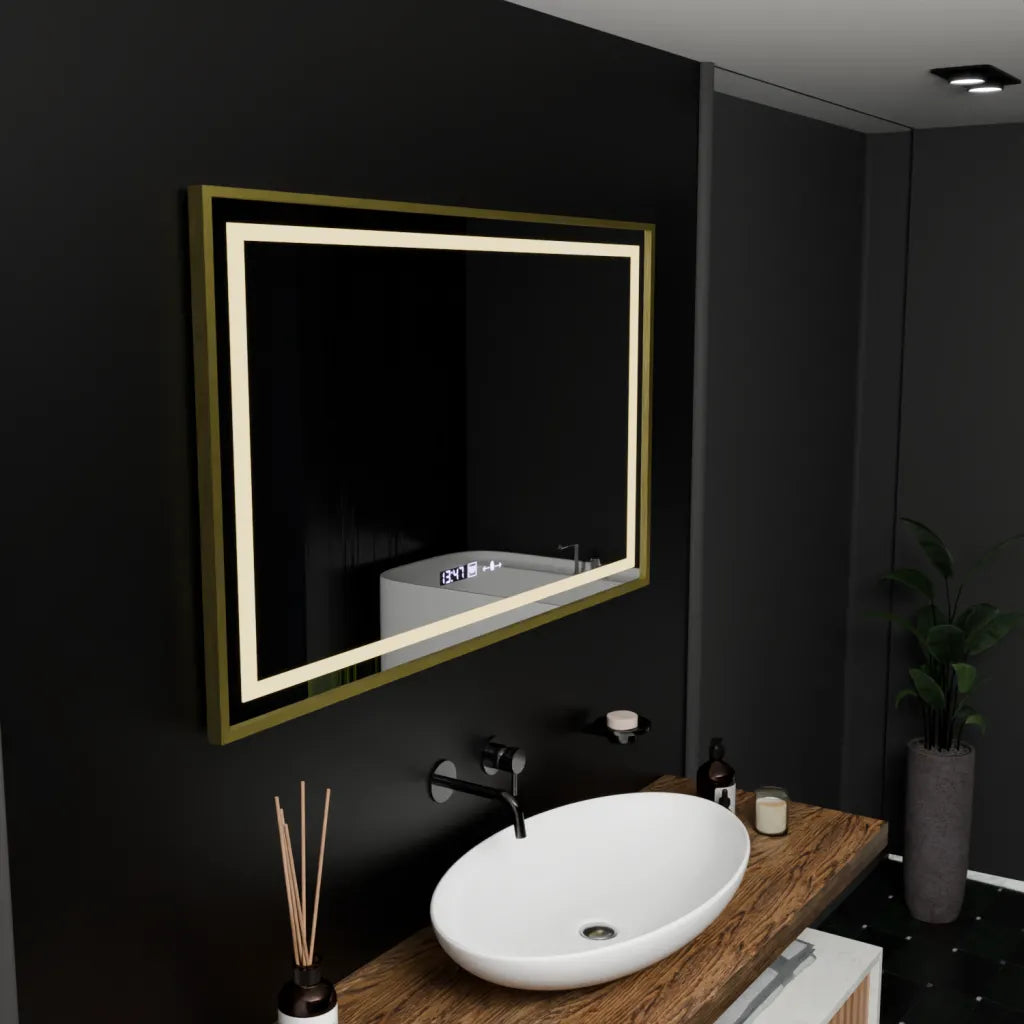 Oglinda LED Rectangulara 100x80 – Vérité Royale Gold Motion Glow Marcello, Sistem Dezaburire, Termometru & Ceas, Dimabila