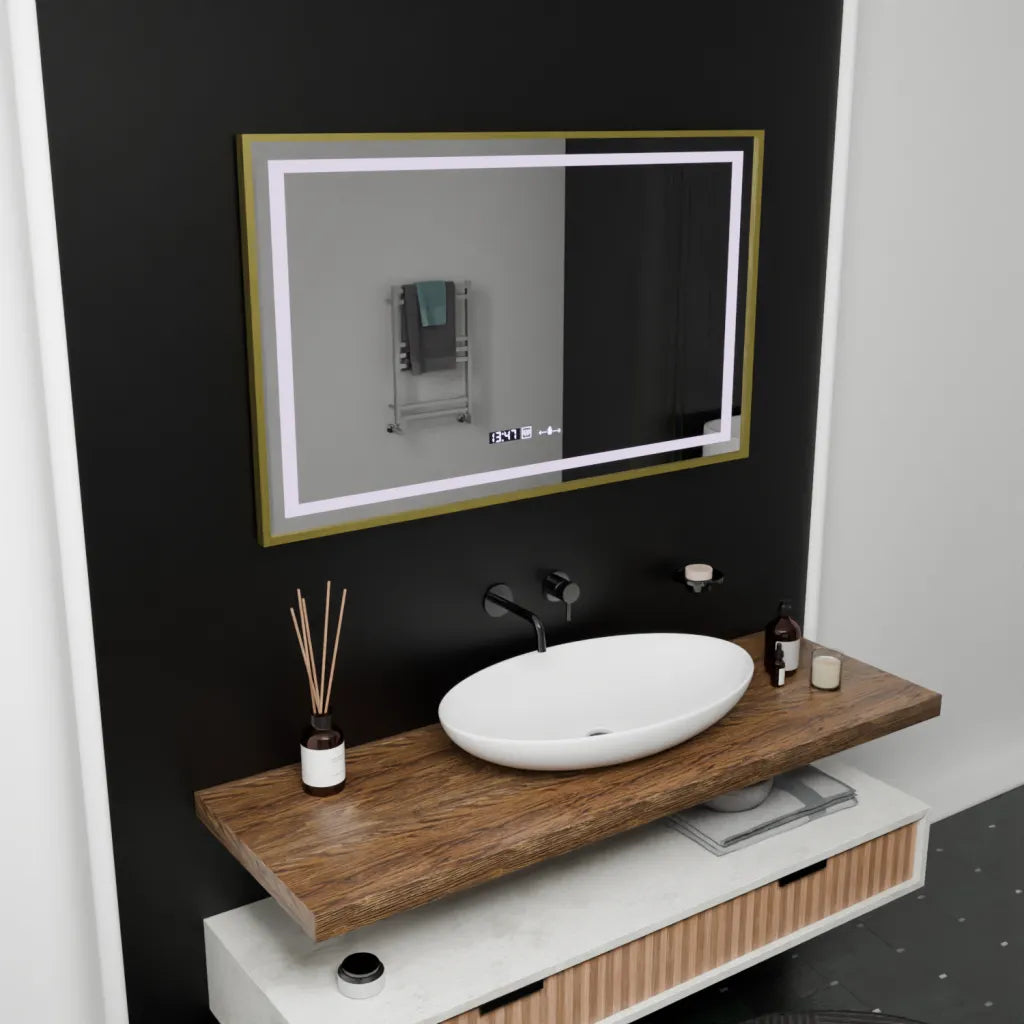 Oglinda LED Rectangulara 100x80 – Vérité Royale Gold Motion Glow Marcello, Sistem Dezaburire, Termometru & Ceas, Dimabila