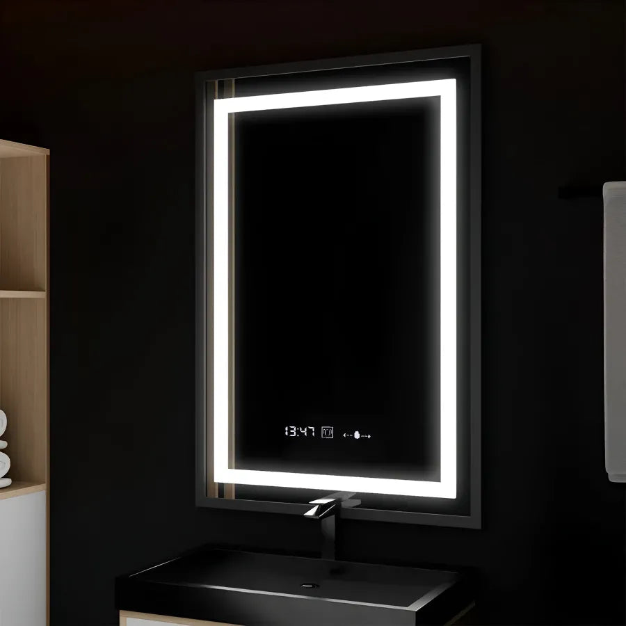 Oglinda LED Rectangulara 60x80 – Vérité Majesté Noir Motion Glow Marcello, Sistem Dezaburire, Termometru & Ceas, Dimabila