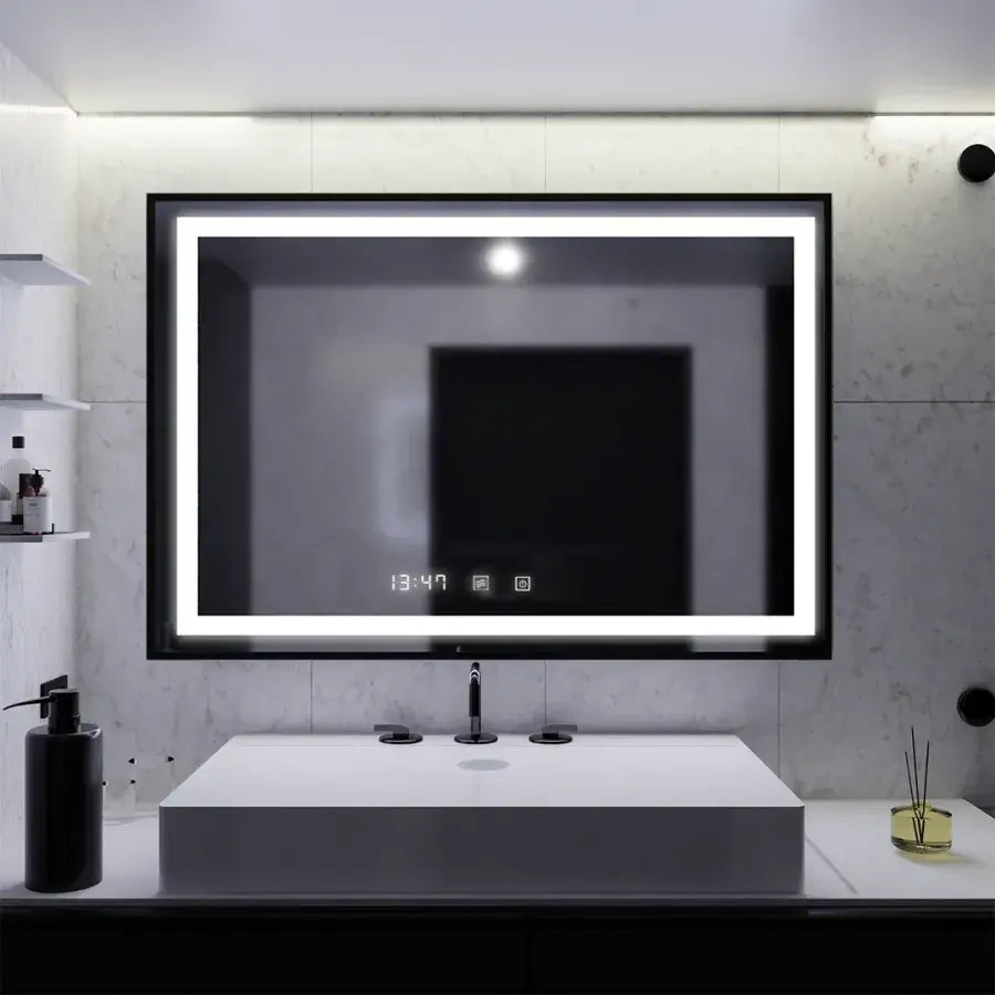 Oglinda LED Rectangulara 120x80 – Vérité Majesté Noir Motion Glow Marcello, Sistem Dezaburire, Termometru & Ceas, Dimabila