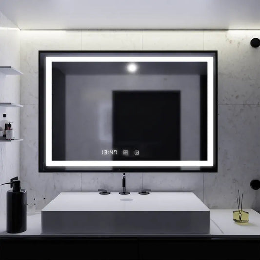 Oglinda LED Rectangulara 120x80 – Lumière Majesté Noir Motion Glow Marcello, Sistem Dezaburire, Termometru & Ceas, Dimabila