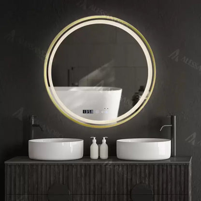 Oglinda LED Rotunda 60 – Celeste Royale Gold MotionGlow Marcello, Sistem Dezaburire, Termometru & Ceas, Dimabila