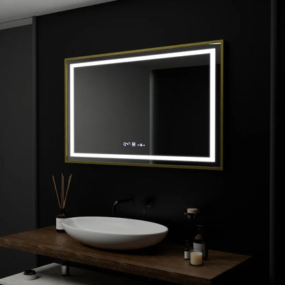 Oglinda LED Rectangulara 100x80 – Lumière Royale Gold Motion Glow Marcello, Sistem Dezaburire, Termometru & Ceas, Dimabila