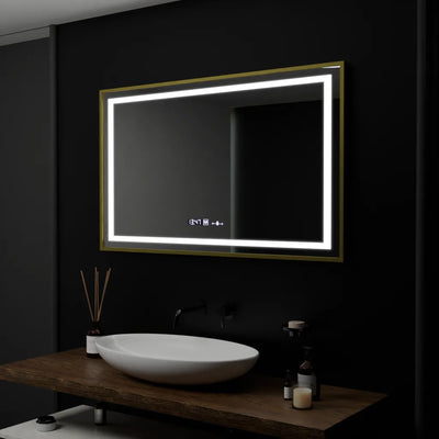 Oglinda LED Rectangulara 100x80 – Vérité Royale Gold Motion Glow Marcello, Sistem Dezaburire, Termometru & Ceas, Dimabila