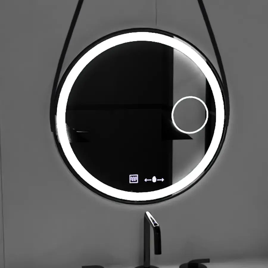 Oglinda LED Senzor MotionGlow Micah Rotunda Diametru 60 cm Lumina Rece/Calda/Neutra Dimabila Sistem Dezaburire Termometru Ceas si Lupa Cosmetica Rama Negru Periat cu Curea Piele Ecologica Marcello Funghi