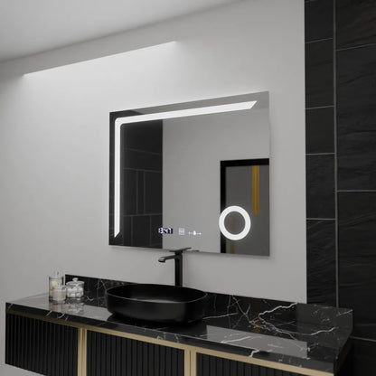 Oglinda LED Senzor MotionGlow Maximus, cu functie Dezaburire Termometru Ceas si lupa Cosmetica, 80x60 cm Lumina Rece/Calda/Neutra Dimabila, colectia Marcello Funghi