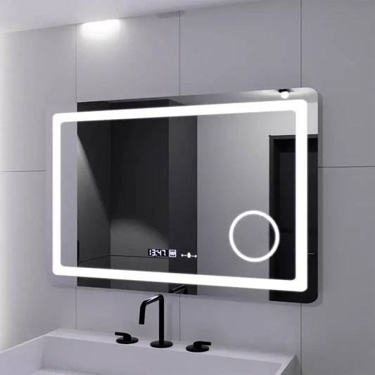 Oglinda LED Senzor MotionGlow Fortuna, cu functie Dezaburire Termometru Ceas si lupa Cosmetica, 90x60 cm Lumina Rece/Calda/Neutra Dimabila, colectia Marcello Funghi