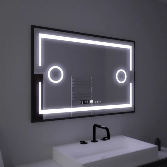 Oglinda LED Senzor MotionGlow 120x80 cm Lumina Rece/Calda/Neutra Dimabila Sistem Dezaburire Termometru Ceas si Lupa Cosmetica Rama Negru Periat