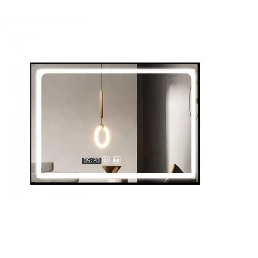 Oglinda LED Touch cu Functie Dezaburire si Ceas, Rama Negru Mat, 100x65cm