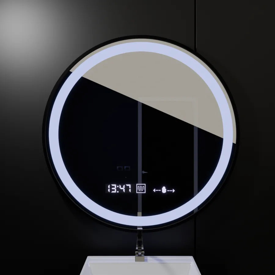 Oglinda LED Senzor MotionGlow Bagrat Sistem Dezaburire Termometru si Ceas Rama Negru Periat Rotunda Diametru 80 cm Lumina Rece/Calda/Neutra Dimabila Colectia Marcello Funghi