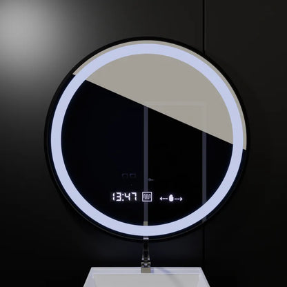 Oglinda LED Senzor MotionGlow Serenita Sistem Dezaburire Termometru si Ceas Rama Negru Periat Rotunda Diametru 70 cm Lumina Rece/Calda/Neutra Dimabila Colectia Marcello Funghi