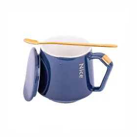 Set Ceașcă de Cafea cu Capac și Linguriță, Albastru, 300 ml