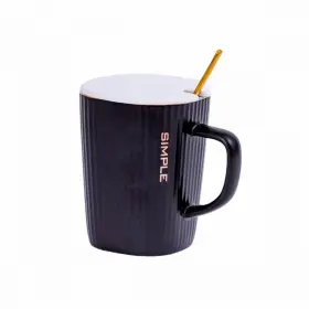 Set Ceașcă de Cafea cu Capac și Linguriță, Negru, 220 ml