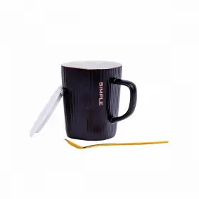 Set Ceașcă de Cafea cu Capac și Linguriță, Negru, 220 ml