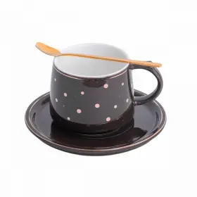 Set Ceașcă de Cafea cu Farfuriuță și Linguriță, Maro, 200 ml