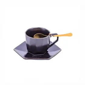 Set Ceașcă de Cafea cu Farfuriuță și Linguriță, Negru, 200 ml